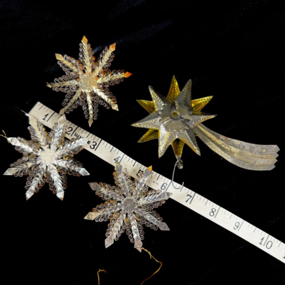 4 Vintage Tin Can Curly Quilling Stars Folk Art Christmas Tree Ornaments - Picture 4 of 8
